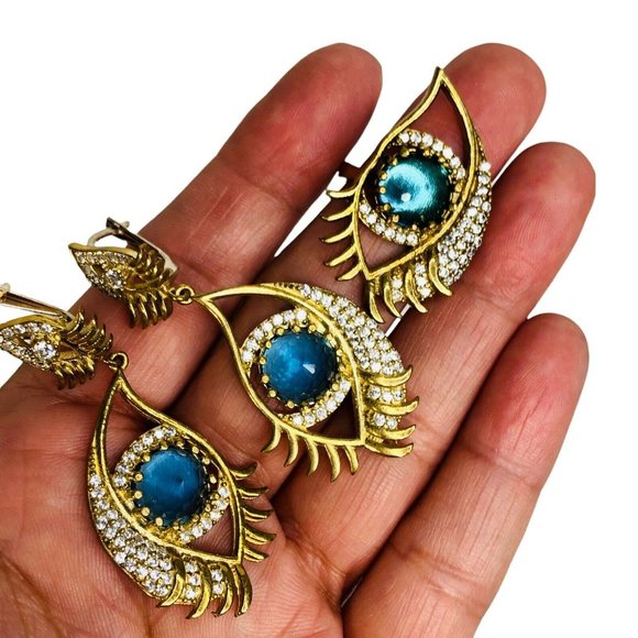 Turkish Handmade 925 Sterling Hamsa Blue CZ Stone Women's Earrings Ring Set New - Picture 5 of 6
